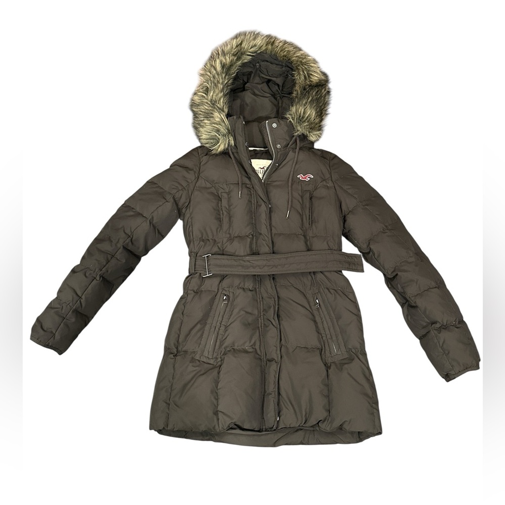 NWOT Hollister Y2K Fur Hooded Brown Jacket Down Parka Belted VTG 2000s